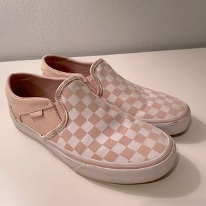 Pink and White checkered slip on vans